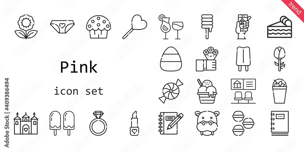 Naklejka premium pink icon set. line icon style. pink related icons such as flowers, castle, panties, candy, engagement ring, cocktails, piece of cake, check in, cup cake, lollipop, lipstick