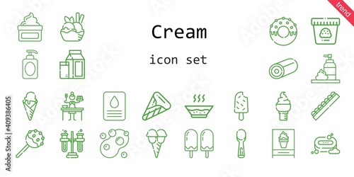 cream icon set. line icon style. cream related icons such as soup, scoop, foam, milk, cream, sauce, popsicle, cake pop, ice cream, tubes, donut, sweet, soap, chocolate,