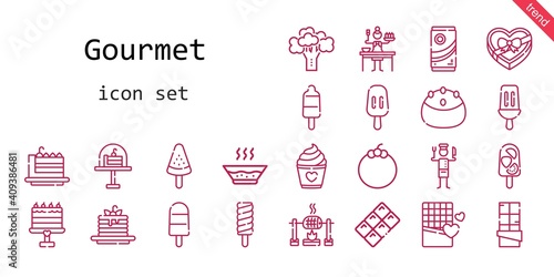 gourmet icon set. line icon style. gourmet related icons such as mangosteen, cake slice, soup, cake, chef, broccoli, chocolate box, pancakes, sauce, popsicle, chocolate, roast,