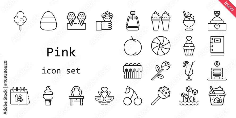 pink icon set. line icon style. pink related icons such as cherry, cotton candy, flowers, candy, engagement ring, peach, swans, cake pop, bank, dressing table, ice cream, tulips, cocktail, cake
