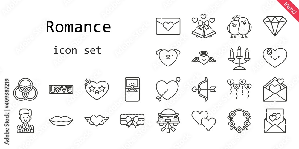 romance icon set. line icon style. romance related icons such as love, groom, balloons, engagement ring, garter, necklace, wedding bells, heart, cupid, wedding car, lips, diamond, rings, love birds