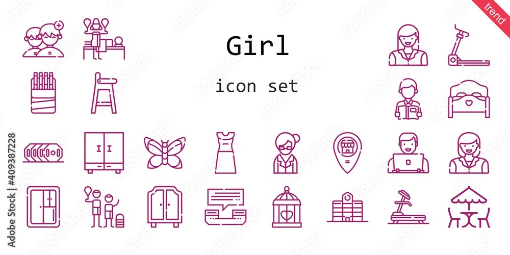 girl icon set. line icon style. girl related icons such as bed, dress, woman, university, librarian, closet, reading, weight, picnic, people, cage, sticks, baby chair, butterfly girl icon set. line icon style. girl related icons such as bed, dress, woman, university, librarian, closet, reading, weight, picnic, people, cage, sticks, baby chair, butterfly