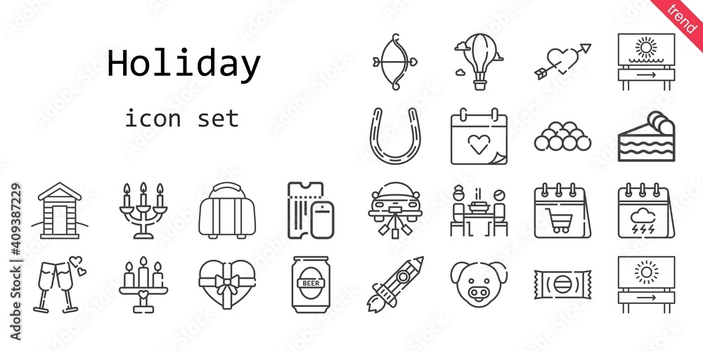 holiday icon set. line icon style. holiday related icons such as calendar, gift, rising, piece of cake, wedding day, cabin, korean, pig, wedding car, cupid, horseshoe, ball, hot air balloon