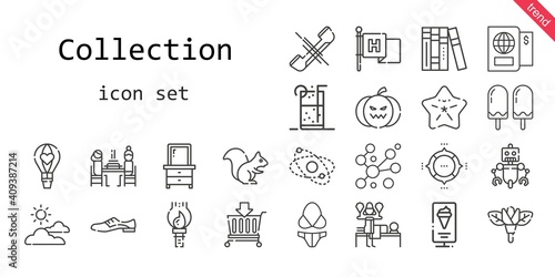 collection icon set. line icon style. collection related icons such as basket, flag, soft drink, paint brush, planet, drawer, pie chart, shoes, flower, robot, cloudy, pierrade, hot air balloon