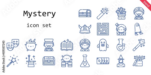 mystery icon set. line icon style. mystery related icons such as magic, potion, chest, seer, trick, ghost, spellbook, magic trick, magic wand, theater masks, witch, labyrinth