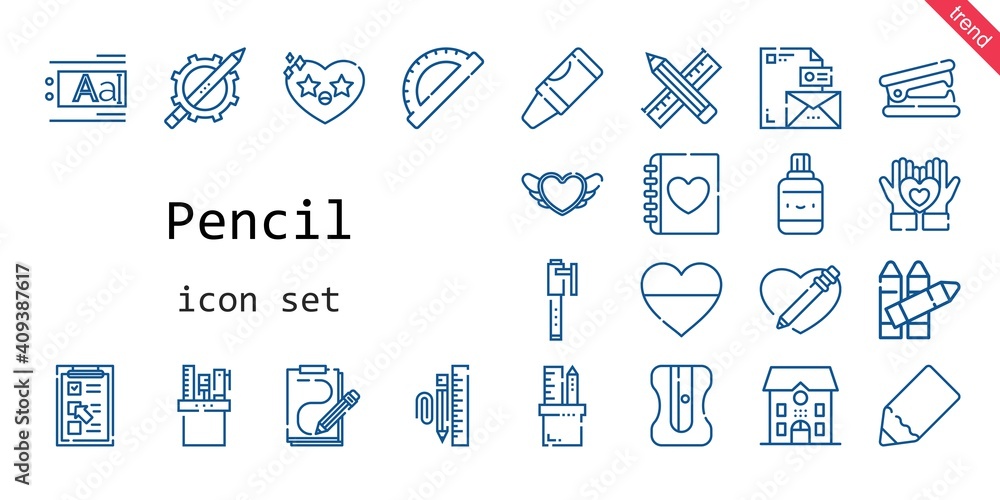 pencil icon set. line icon style. pencil related icons such as stapler remover, crayon, checklist, text editor, correction fluid, pencil, crayons, pencil case, heart, diary, protractor, stationary pencil icon set. line icon style. pencil related icons such as stapler remover, crayon, checklist, text editor, correction fluid, pencil, crayons, pencil case, heart, diary, protractor, stationary