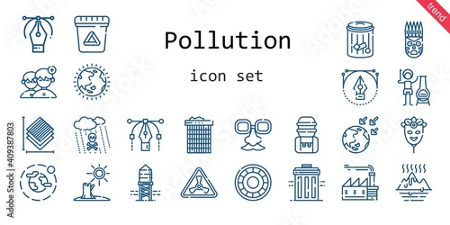 pollution icon set. line icon style. pollution related icons such as waste, face mask, shield, factory, chimney, water tank, ozone layer, people, trash, environment, global warming, recycle bin