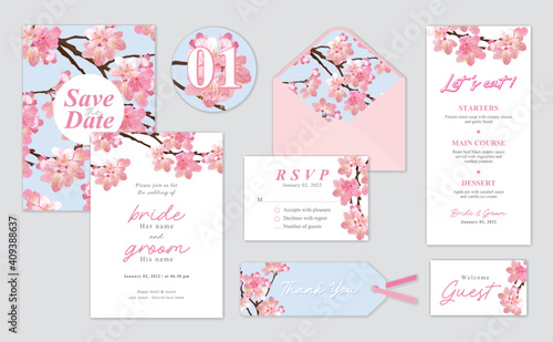 Cherry blossom or Sakura flower background template. Vector set of floral element for wedding invitations, greeting card, envelope, voucher, brochures and banners design.
