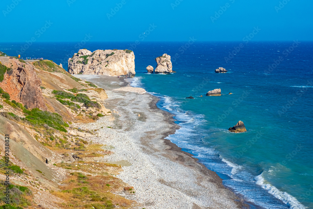 Mediterranean sea. View from the shore on the rock of Aphrodite. coast of Cyprus. Petra Tou Romiou. Pathos. Kuklia. The beaches in Cyprus. Coast Of The Republic Of Cyprus. Seascape.