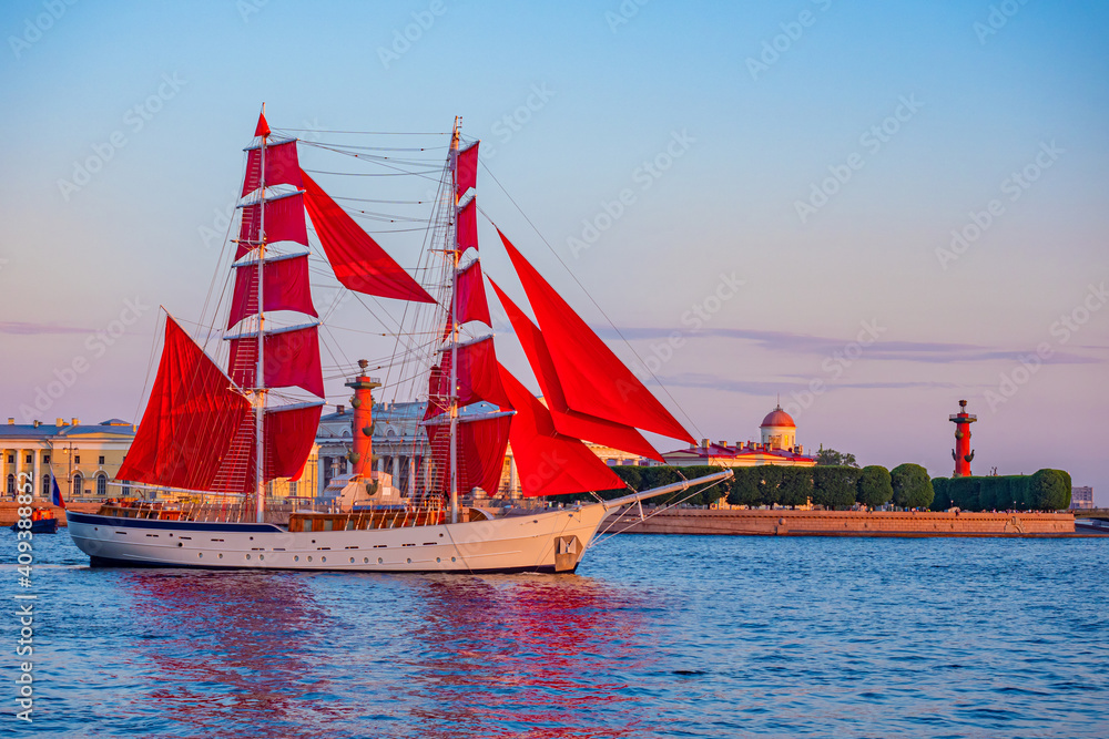 Saint Petersburg. Russia. Ship with scarlet sails on the background of Vasilievsky island. Brigantine with scarlet sails on the Neva. White nights in St. Petersburg. Holiday Scarlet sails. - obrazy, fototapety, plakaty 