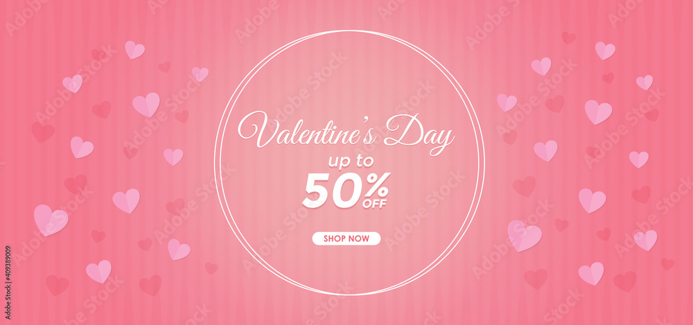 Valentine's day sale 50% off promotion banner or poster template. Vector background for promotion and shopping premium template. Realistic heart symbol with texture background