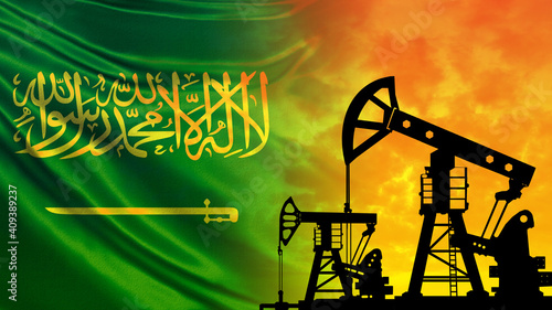 Oil rigs and the flag of Saudi Arabia. Oil exporting countries. The OPEC countries. Natural resource extraction. World oil market. Agreements on the supply of fuel resources. photo