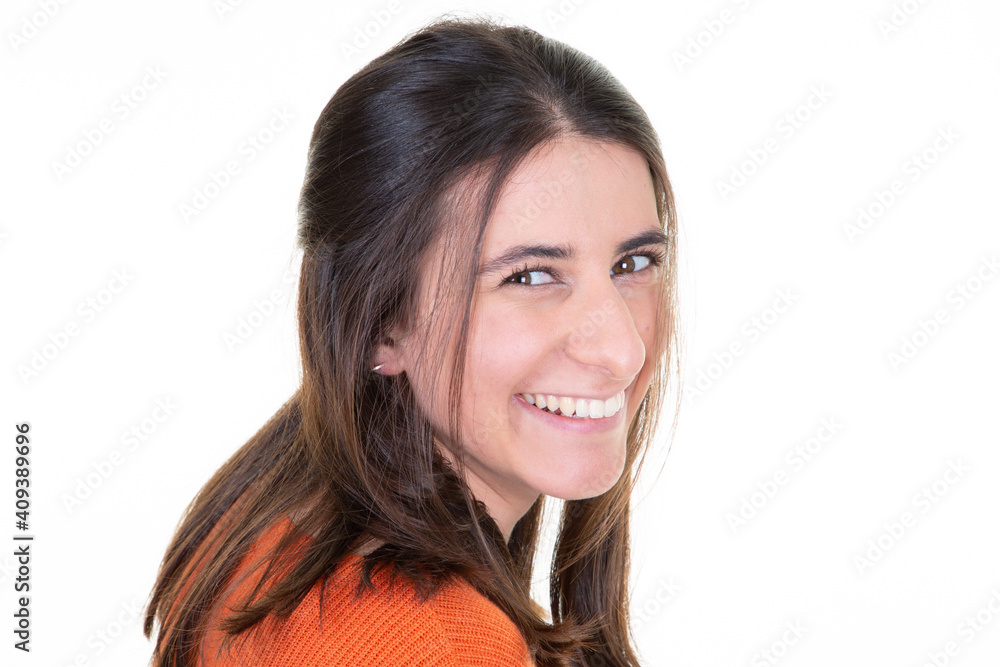 Beautiful young pretty woman portrait Smiling cute girl with long hair in studio shot isolated on white background Beautiful young pretty woman portrait Smiling cute girl with long hair in studio shot isolated on white background