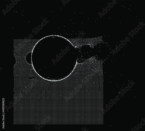 Ordered array of particles, surface made of dots. Conceptual illustration of fluid matter with oscillation and fluctuation. Generative computer art.