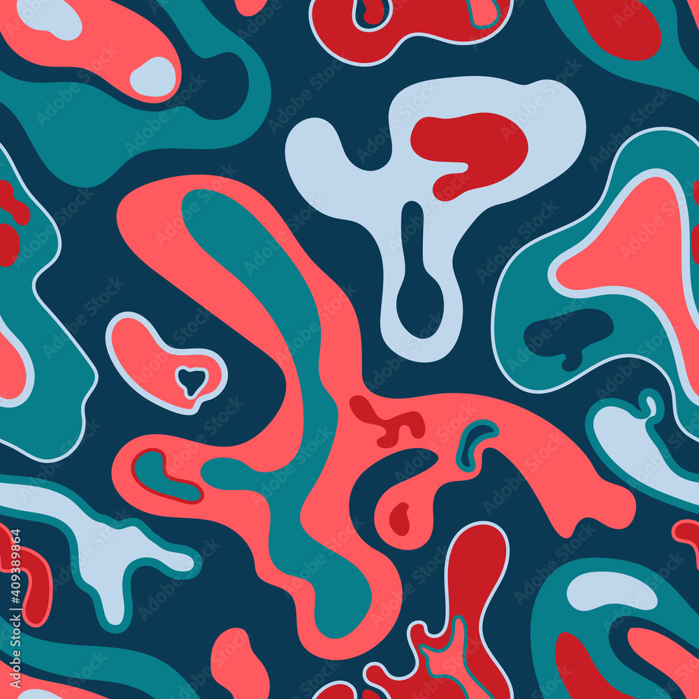 Colorful streaks of flowing liquid lava. Abstract marble pattern. Minimalistic flat design. Swirls of oil paint. Seamless background. Dark and light blue, red contrast colors. Colorful streaks of flowing liquid lava. Abstract marble pattern. Minimalistic flat design. Swirls of oil paint. Seamless background. Dark and light blue, red contrast colors.