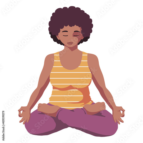 Black African plus size woman does yoga meditation in lotus position and smiling. Health care. Good habit. Isolated cartoon illustration