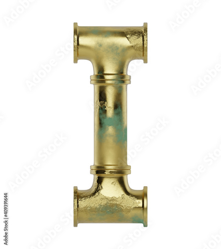 Letter I made of pipe isolated on white background, ware pipes system. Industrial alphabet, plumbing service. Decoration font, typography concept. 3d rendering
