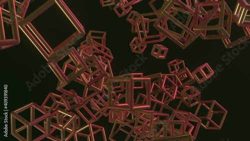Futuristic shape, animation of an abstract objects. Zooming or flying through. Glow and dynamic technology concept background.