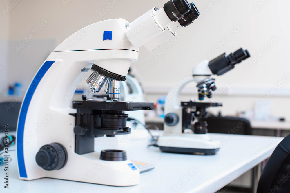 Microscopes on the table in the laboratory. Medical laboratory for the study of analyzes.