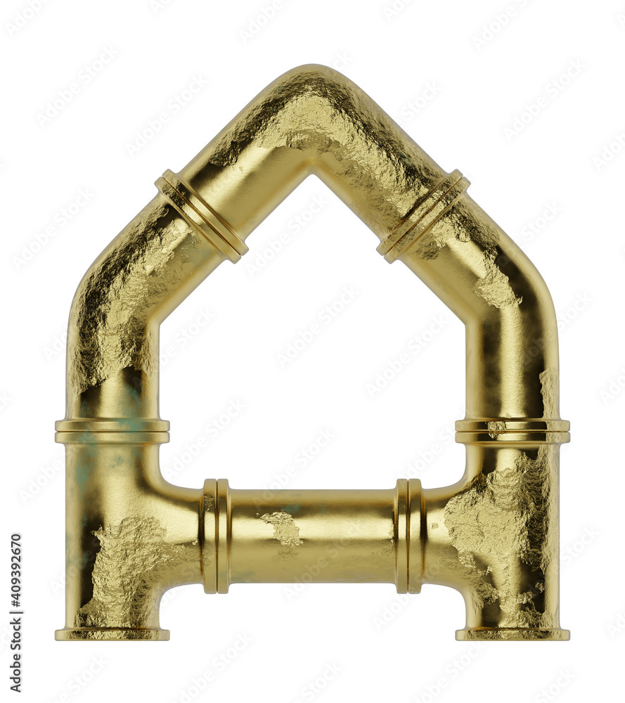 Letter A made of pipe isolated on white background, ware pipes system. Industrial alphabet, plumbing service. Decoration font, typography concept. 3d rendering Letter A made of pipe isolated on white background, ware pipes system. Industrial alphabet, plumbing service. Decoration font, typography concept. 3d rendering