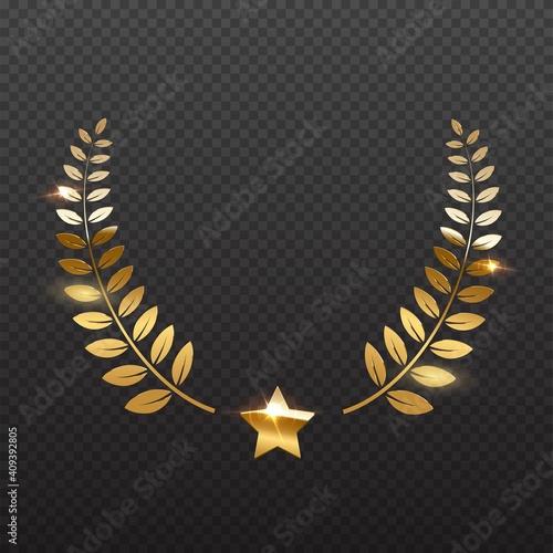 Award star and golden laurel. Gold prize elements on transparent background. Champion glory in competition vector illustration. Hollywood fame in film and cinema or championship in sport