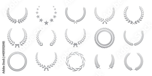 Black laurel wreaths isolated on white background. Set of award wreath for championship or cinema festival. Vector illustration.