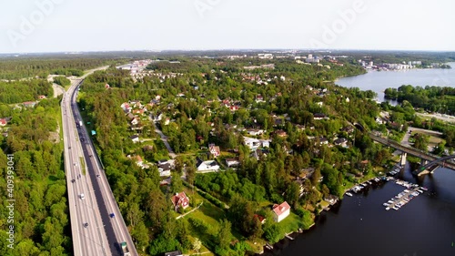 Trafficked highway in urban landscape, Stockholm Sweden