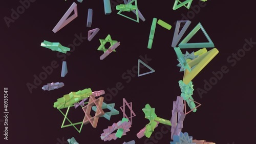 Futuristic shape, animation of an abstract objects. Zooming or flying through. Glow and dynamic technology concept background.