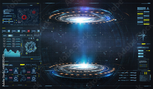 Abstract style on black background. Blank display, stage or podium for show product in futuristic cyberpunk style. Technology demonstration. Futuristic circle 3D lab stage with HUD elements for UI,GUI
