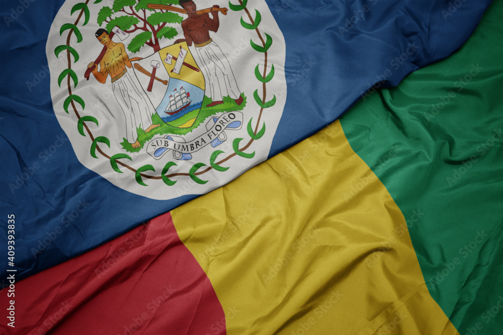 waving colorful flag of guinea and national flag of belize.