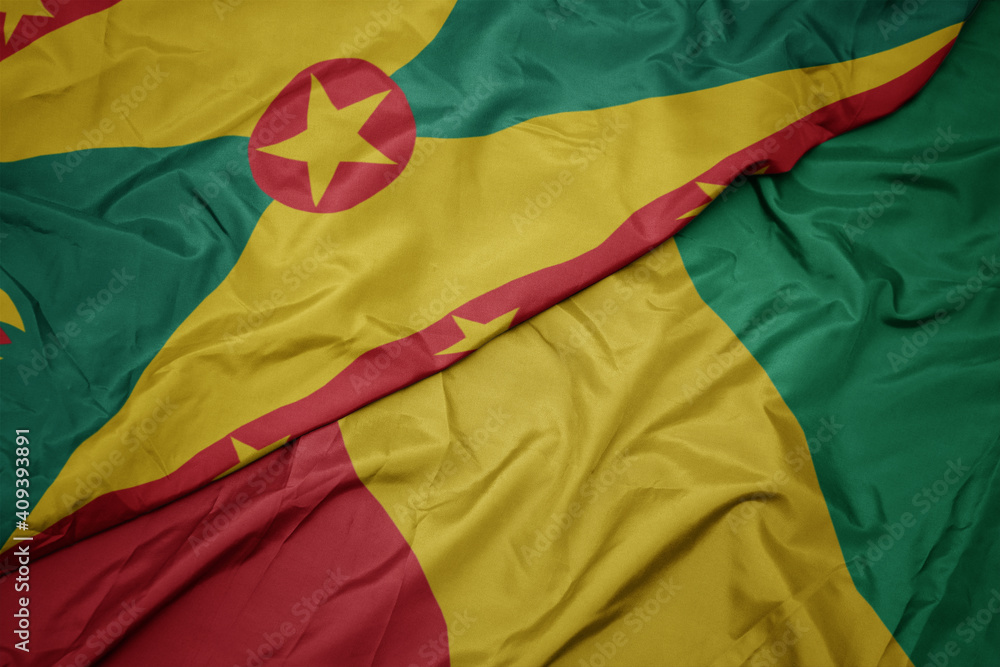 waving colorful flag of guinea and national flag of grenada.