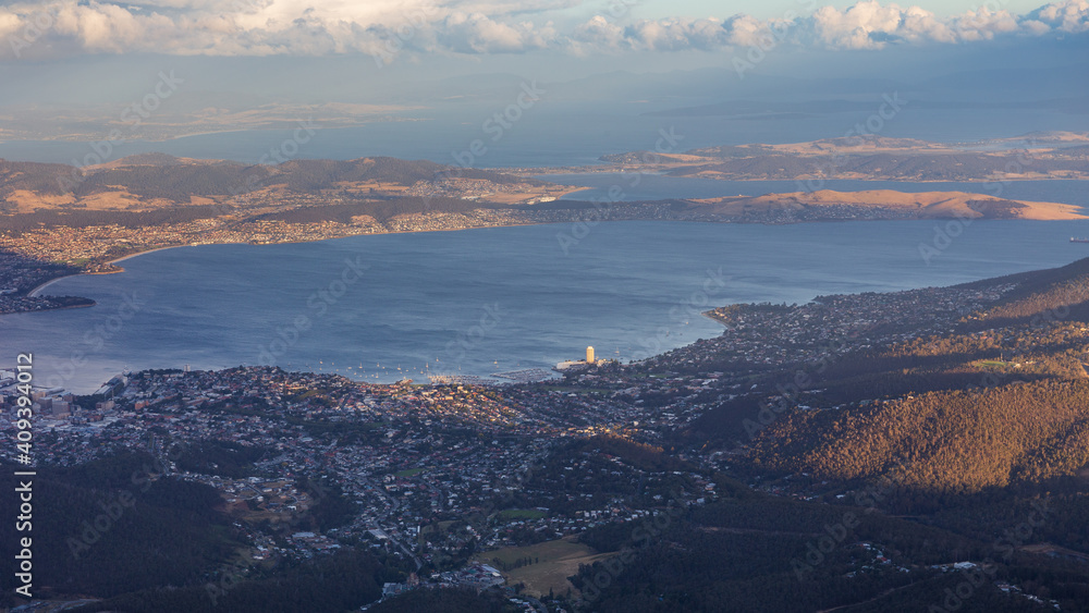 Bird eye view of Hobart city from the peak of Mount Wellington in Hobart, Tasmania.