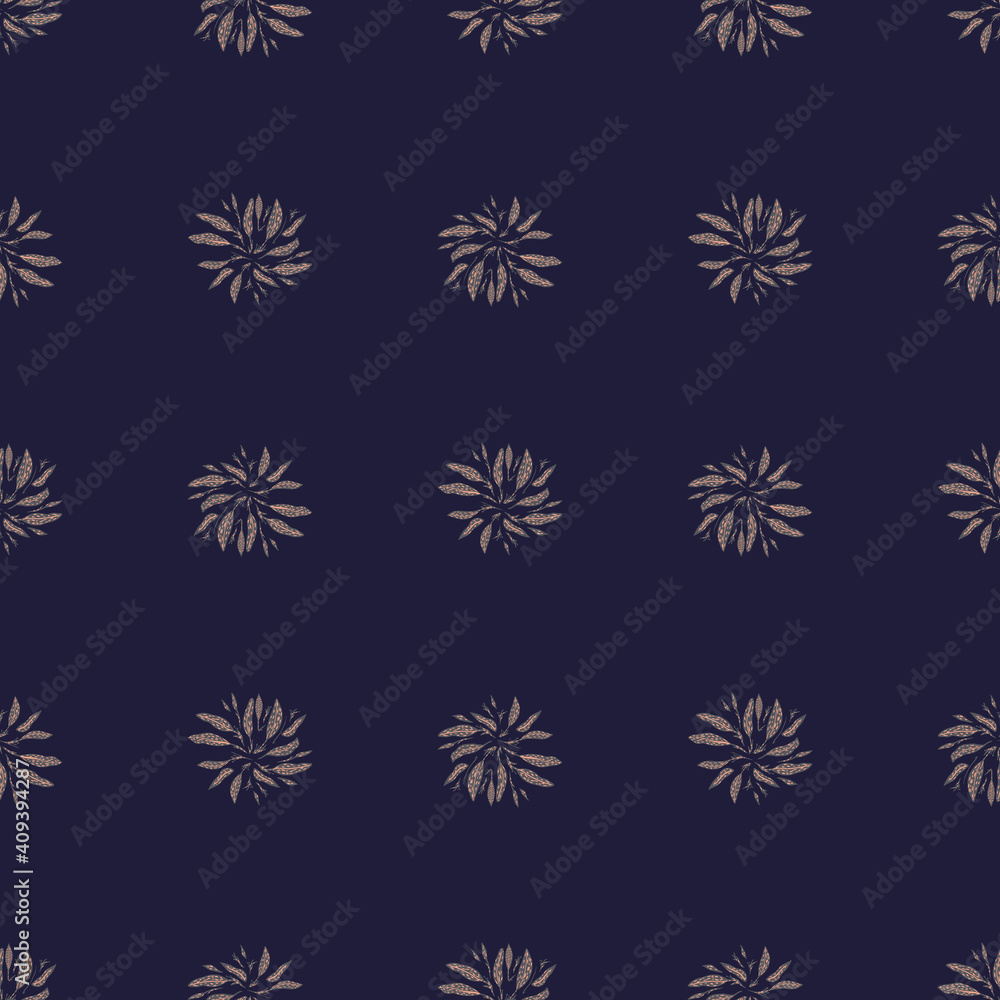 Abstract botanic seamless pattern with doodle leaf ornament. Dark purple background. Simple design.