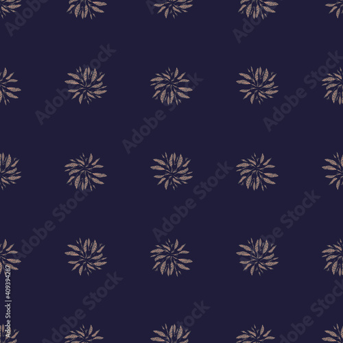Abstract botanic seamless pattern with doodle leaf ornament. Dark purple background. Simple design.