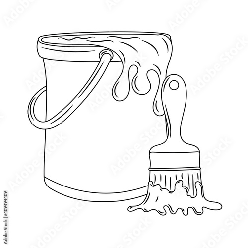 Bucket of paint with paint brush, black and white Line art vector illustration