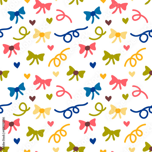 Vector seamless pattern for the holidays. Colorful bows, ribbons, hearts on a white background.