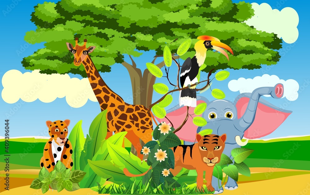 Cartoon Jungle wildlife illustration. jaguar.giraffe. elephant. under ...