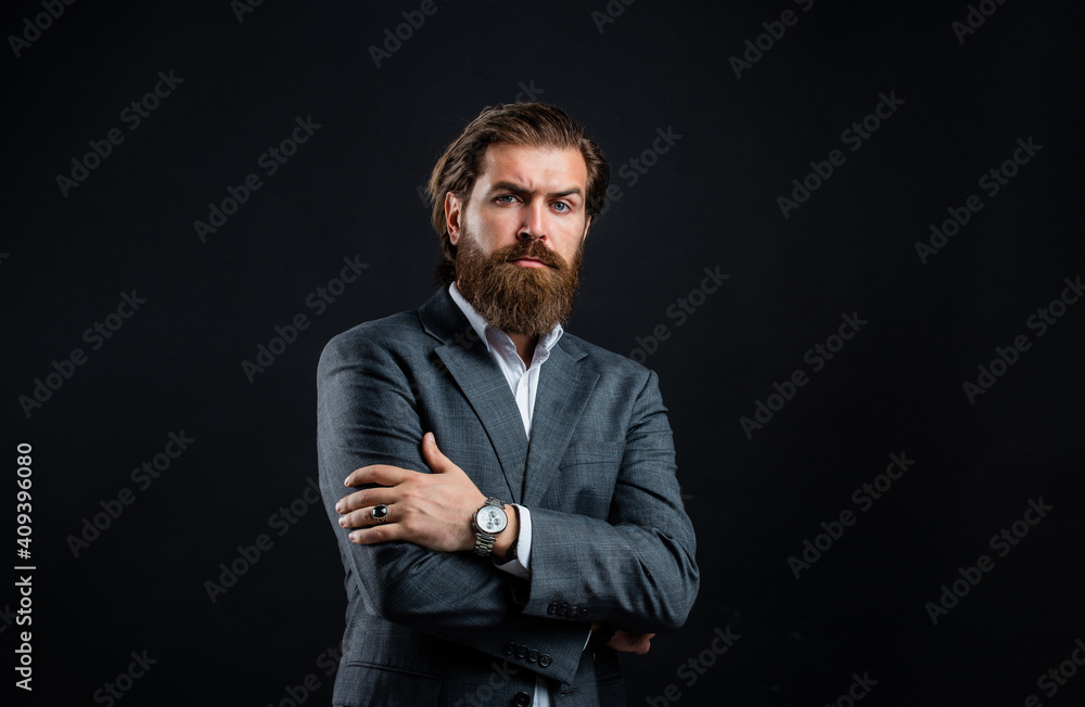 Man with beard wear grey suit corporate style, promising entrepreneur concept Man with beard wear grey suit corporate style, promising entrepreneur concept