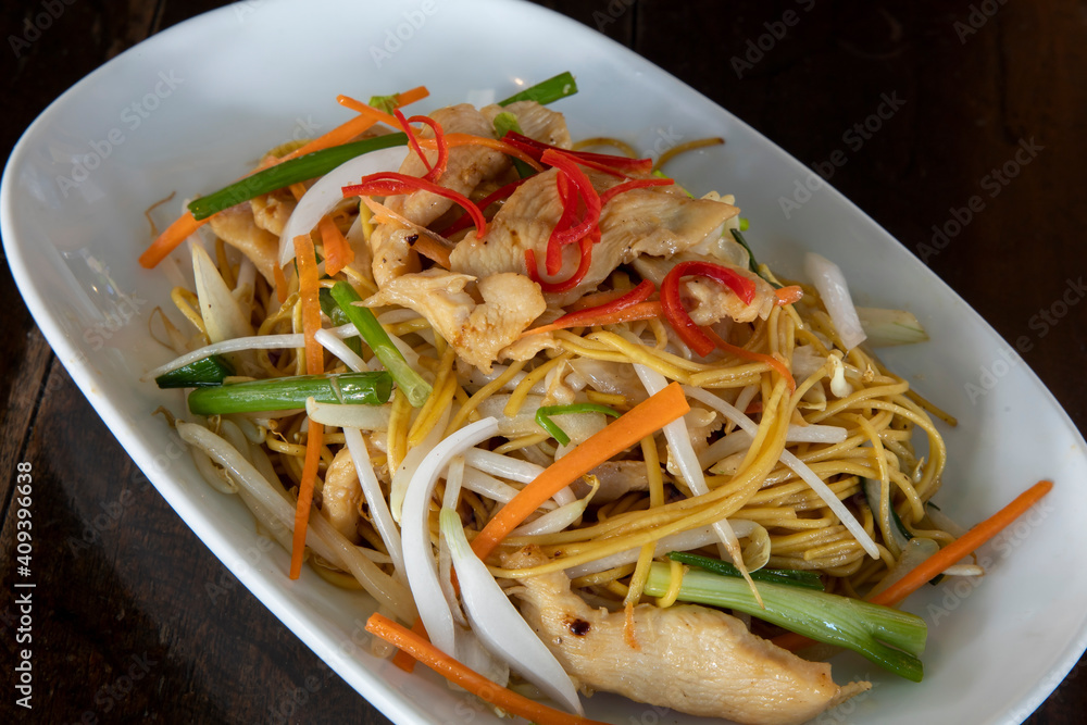 Chicken Chow Mein Noodles on white plate Chicken Chow Mein Noodles on white plate