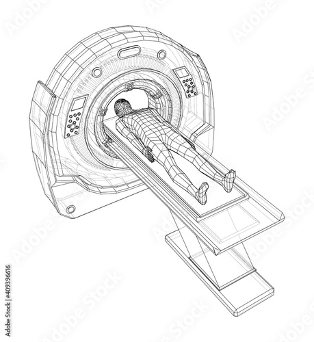 MRI machine scanning patient inside. Vector