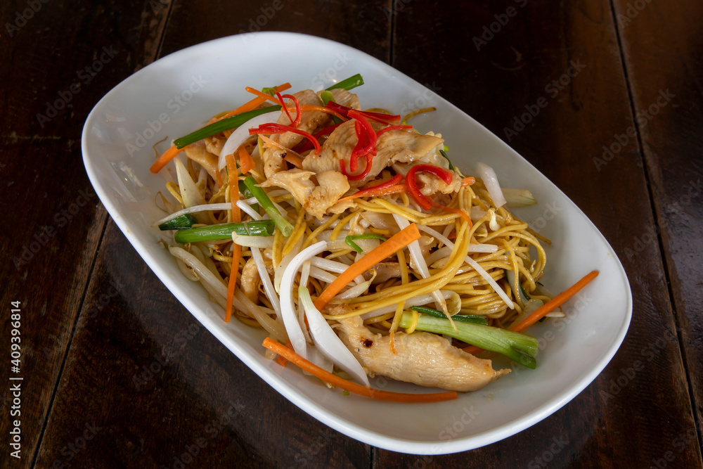 Chicken Chow Mein Noodles on white plate