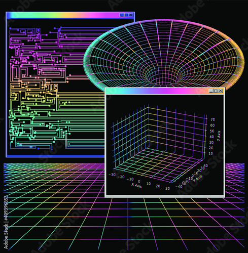 
Sci-fi HUD board, futuristic computer desktop with programs and visualization of 3D graphs and plots: Lorenz system of ordinary differential equations.