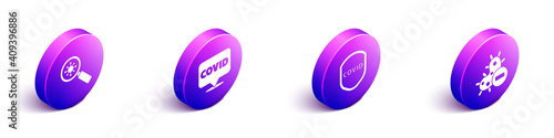 Set Isometric Virus under magnifying glass, Corona virus covid-19 on location, Shield protecting from virus and Negative virus icon. Vector.
