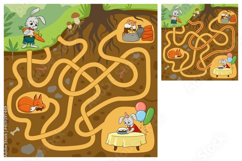 Help the rabbit to get to the birthday party. Find the right path. Maze game. Cartoon vector illustration. Education game for children.
