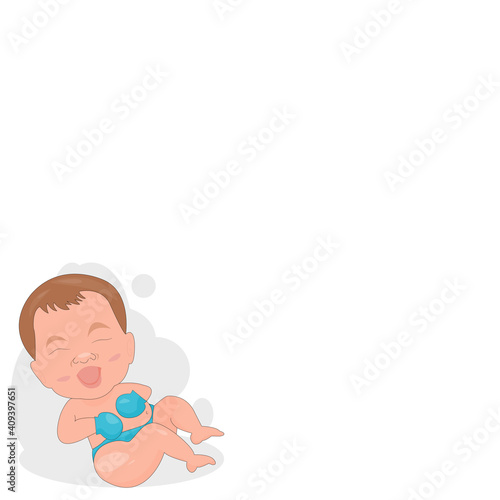 Cartoon cute one kid laughing. First laugh.Happy child.First year baby smile.Newborn child laugh.Cute baby milestone in white background with copy space. Vector illustration flat design.