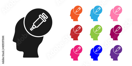 Black Addiction to the drug icon isolated on white background. Heroin, narcotic, addiction, illegal. Sick junkie with a syringe and medical pills. Set icons colorful. Vector.