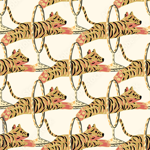 Animal safari seamless pattern with orange striped tiger doodle print. Light background. Circus backdrop.
