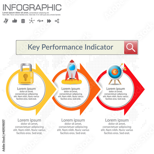 Infographic KPI concept with marketing icons. Key Performance Indicator can be used for workflow layout, diagram, report, web design. Business steps or processes concept with options.
