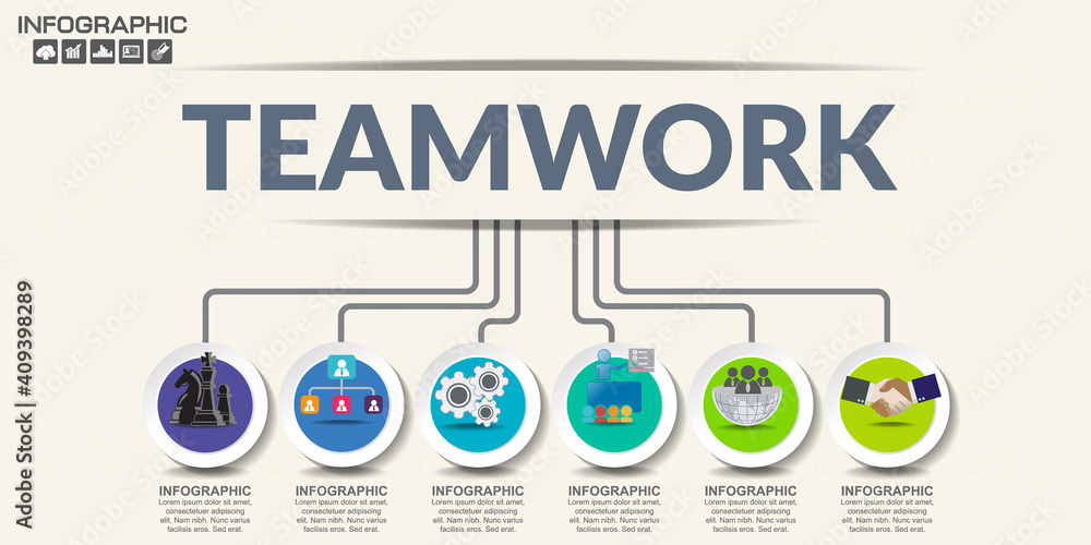 Infographic of teamwork concept with icons, can be used for workflow layout, diagram, report, web design. Business steps or processes concept with options.