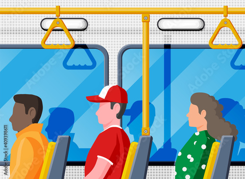 Interior of bus salon. Public city transport. Empty lounge inside modern bus. Seats, windows and handrail. Handles for safety transportations of passengers. Cartoon flat vector illustration